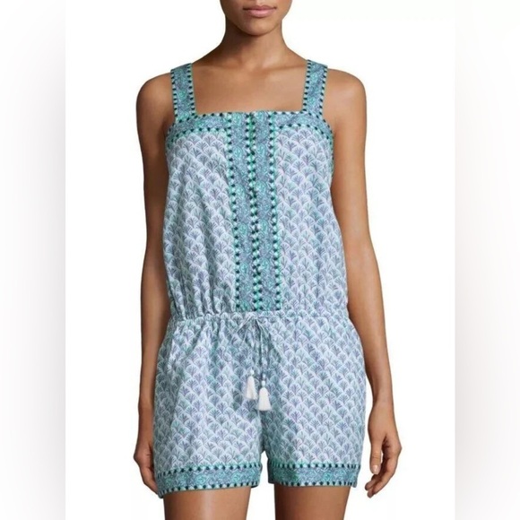 Vineyard Vines Paisley Romper Embroidered Pull-On Button Front Tie Waist Tassel - Picture 12 of 12